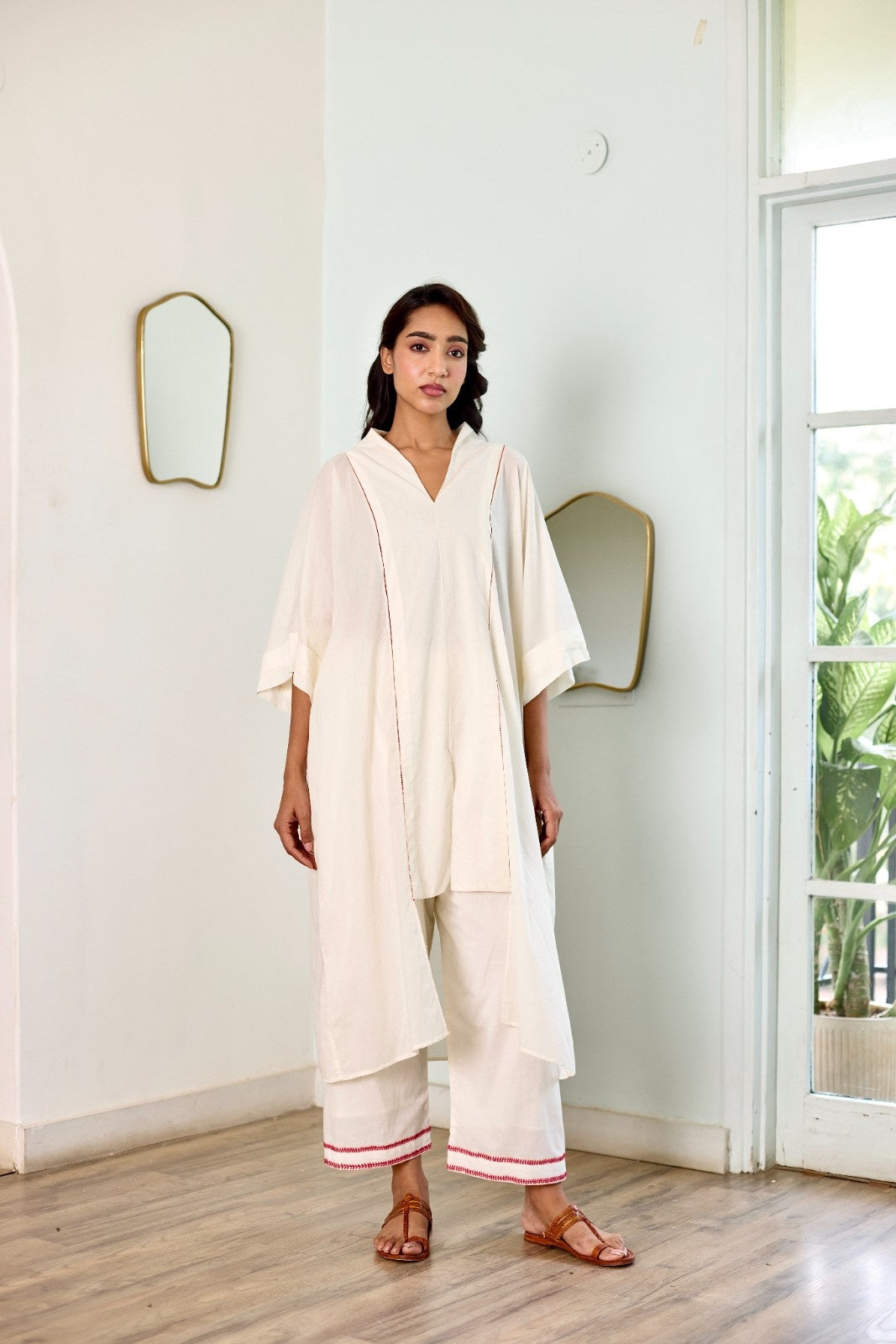 Serenity milky white mulmul machine jali work kaftan (Pants separate)