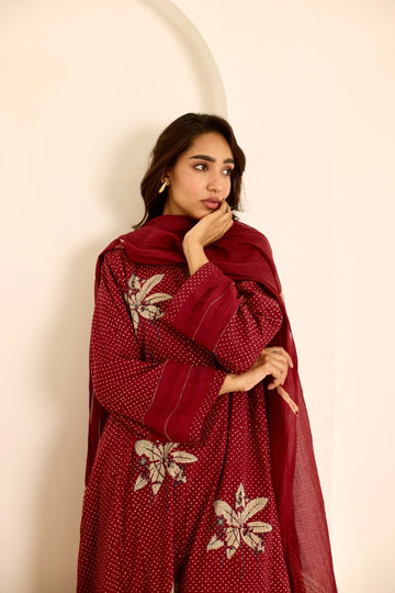 Deeya maroon hand block printed mulmul kalidar kurta set (set of 3)