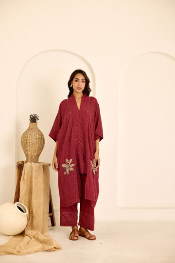 Deeya maroon hand block printed with jaali embroidery mulmul kaftan (Pants separate)