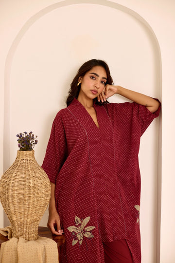 Deeya maroon hand block printed with jaali embroidery mulmul kaftan (Pants separate)