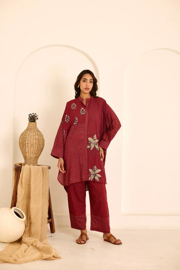 Deeya maroon hand block printed with jaali work mulmul kaftan (Pants separate)