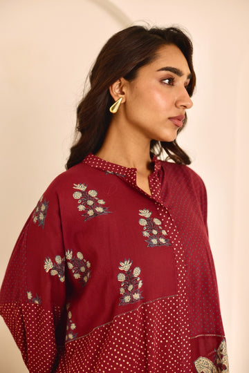 Deeya maroon hand block printed with jaali work mulmul kaftan (Pants separate)