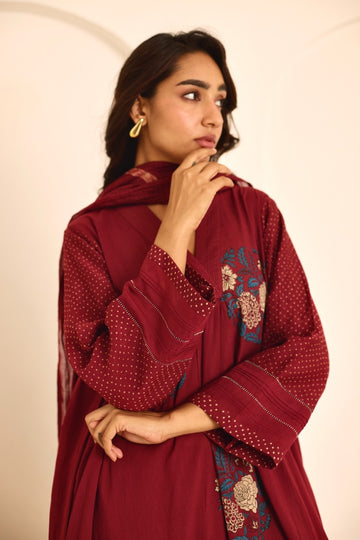 Deeya maroon hand block printed mulmul kurta set (set of 3)
