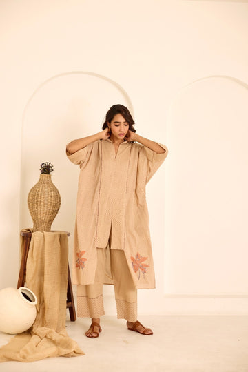Deeya tea hand block printed with jaali embroidery mulmul kaftan (Pants separate)