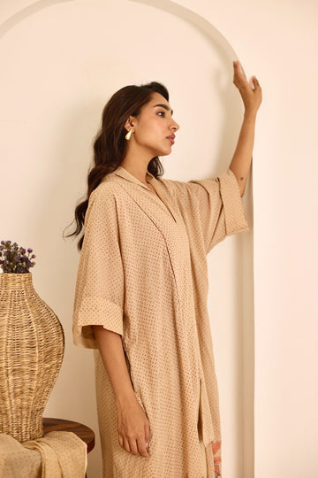 Deeya tea hand block printed with jaali embroidery mulmul kaftan (Pants separate)