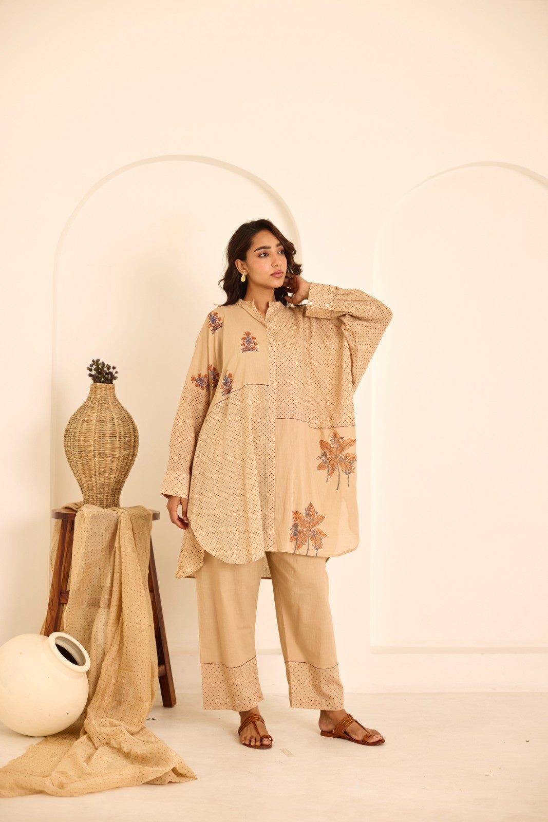 Deeya tea hand block printed with jaali embroidery mulmul kaftan (Pants separate)