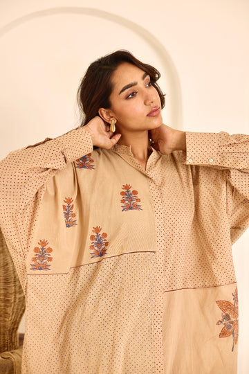Deeya tea hand block printed with jaali embroidery mulmul kaftan (Pants separate)
