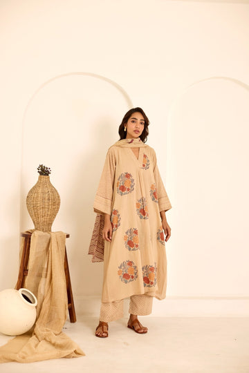 Deeya tea hand block printed mulmul kurta set (set of 3)