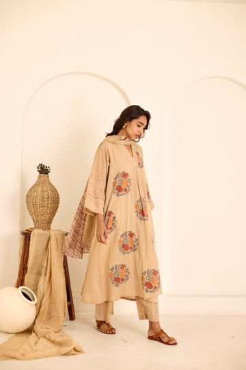 Deeya tea hand block printed mulmul kurta set (set of 3)