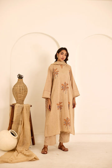 Deeya tea hand block printed mulmul kalidar kurta set (set of 3)