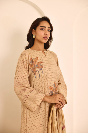 Deeya tea hand block printed mulmul kalidar kurta set (set of 3)