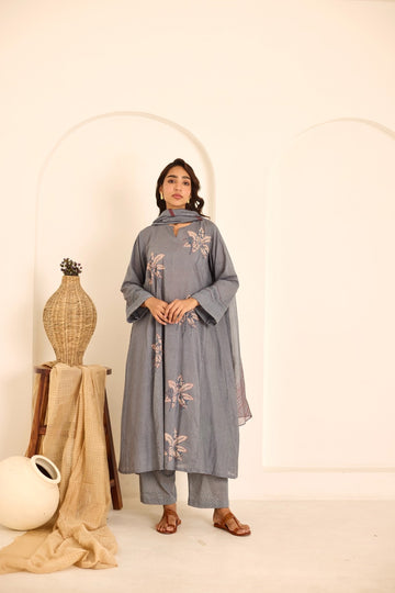Deeya ice blue hand block printed mulmul kalidar kurta set (set of 3)