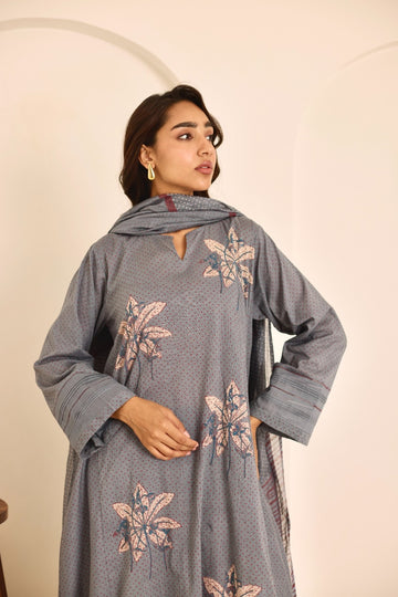 Deeya ice blue hand block printed mulmul kalidar kurta set (set of 3)