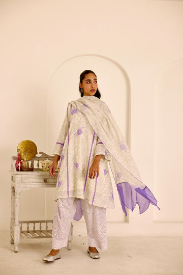 Rose ivory-purple hand block printed mulmul choga set