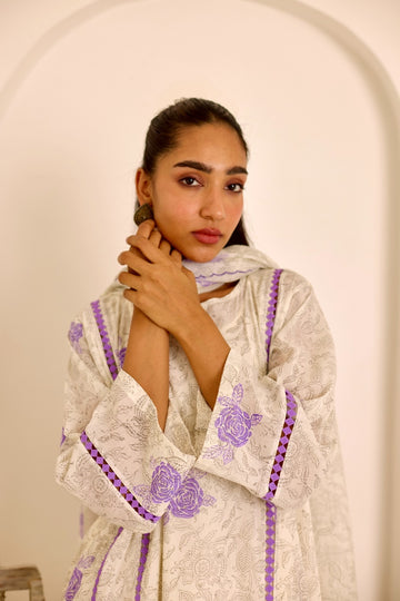 Rose ivory-purple hand block printed mulmul choga set