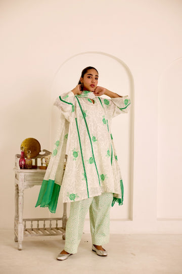 Rose ivory-green hand block printed mulmul choga set