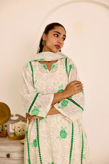 Rose ivory-green hand block printed mulmul choga set