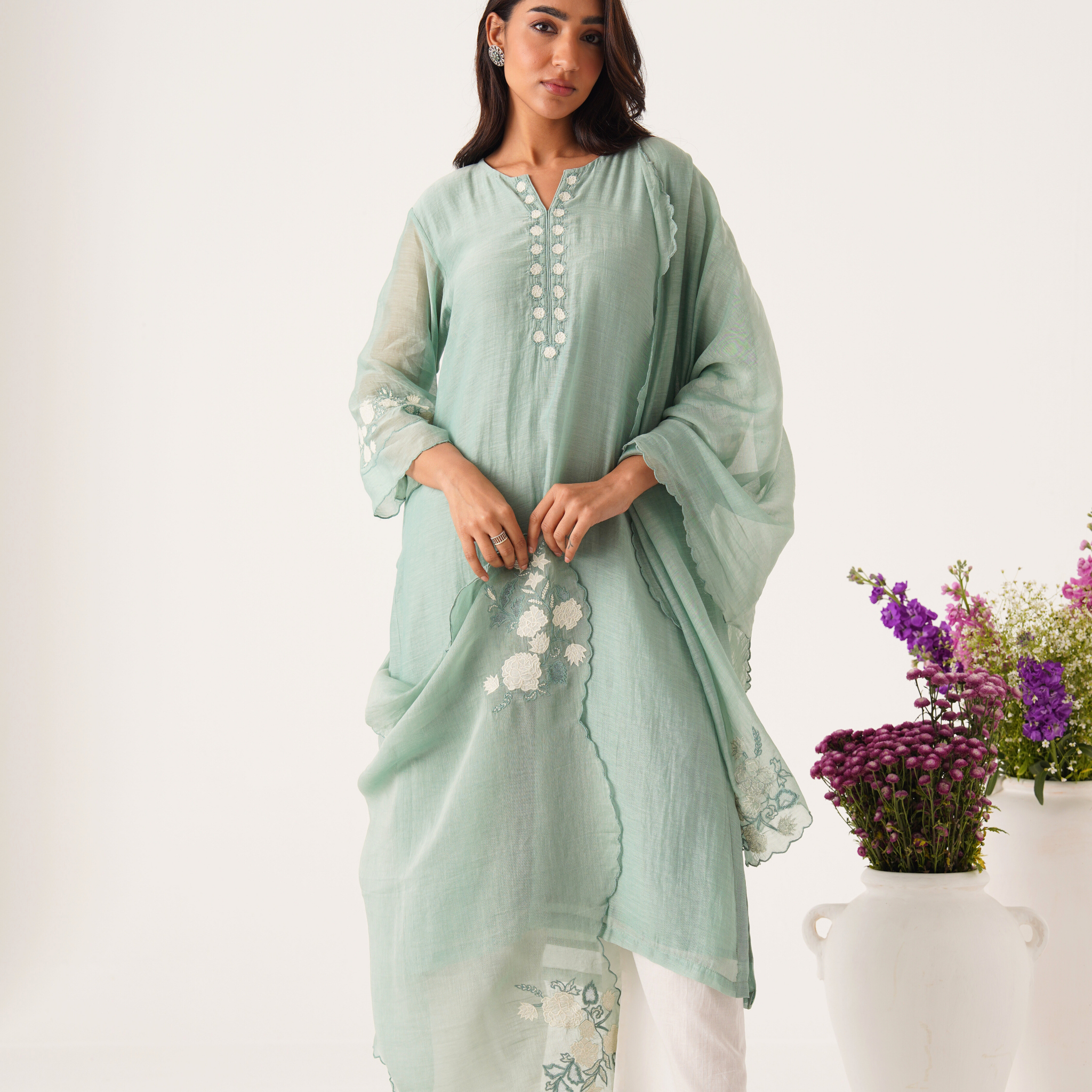 Adira powder blue applique hand embroidered chanderi kurta set (set of 3)