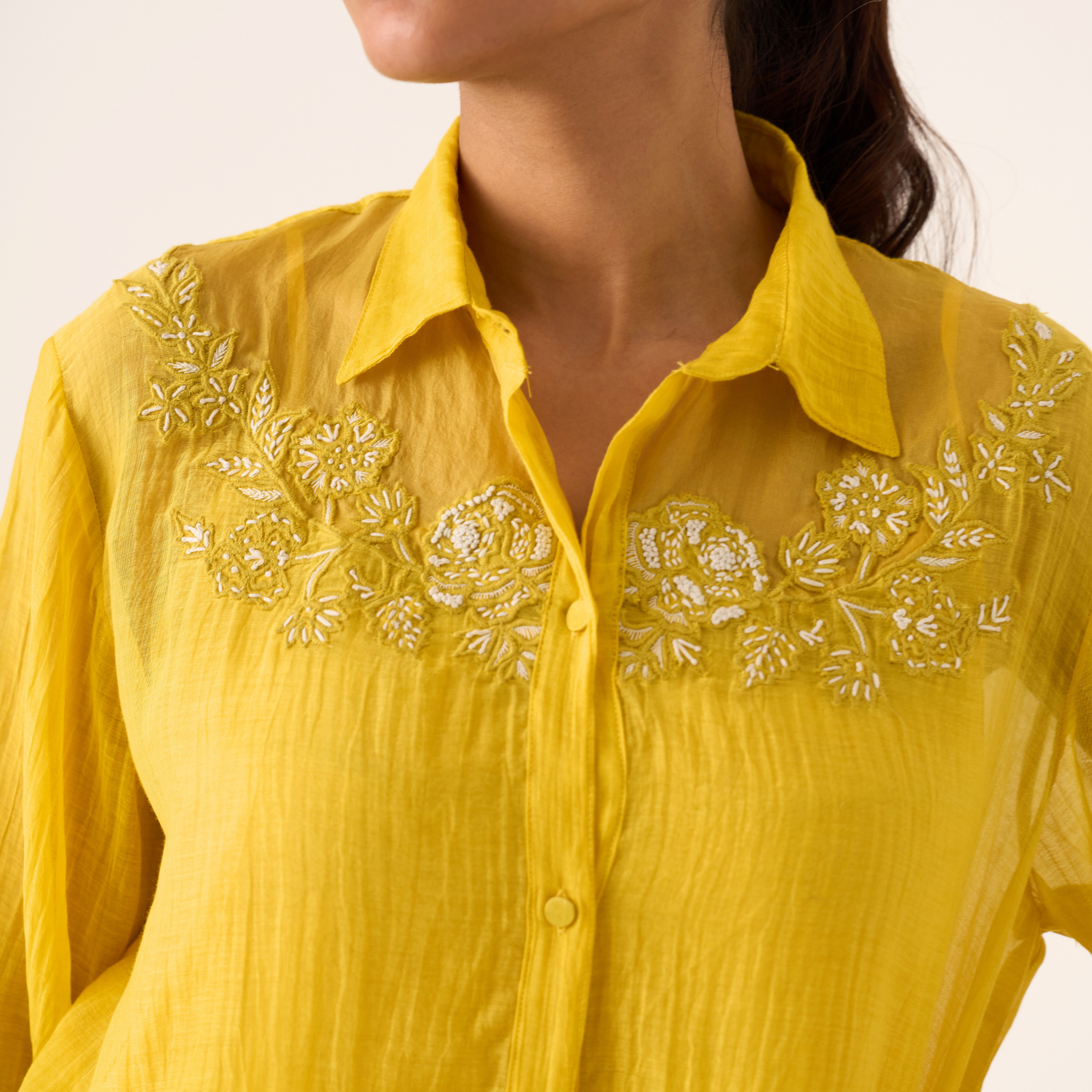 Charlotte yellow hand embroidered chanderi-organza shirt
