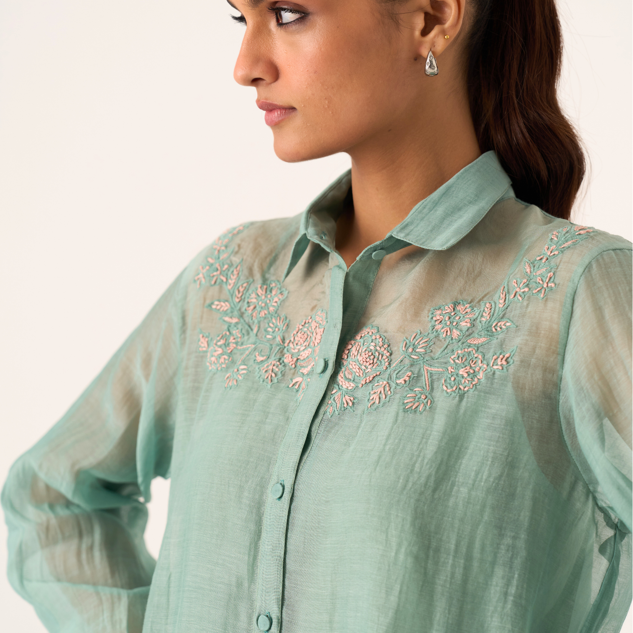 Charlotte powder blue hand embroidered chanderi-organza shirt