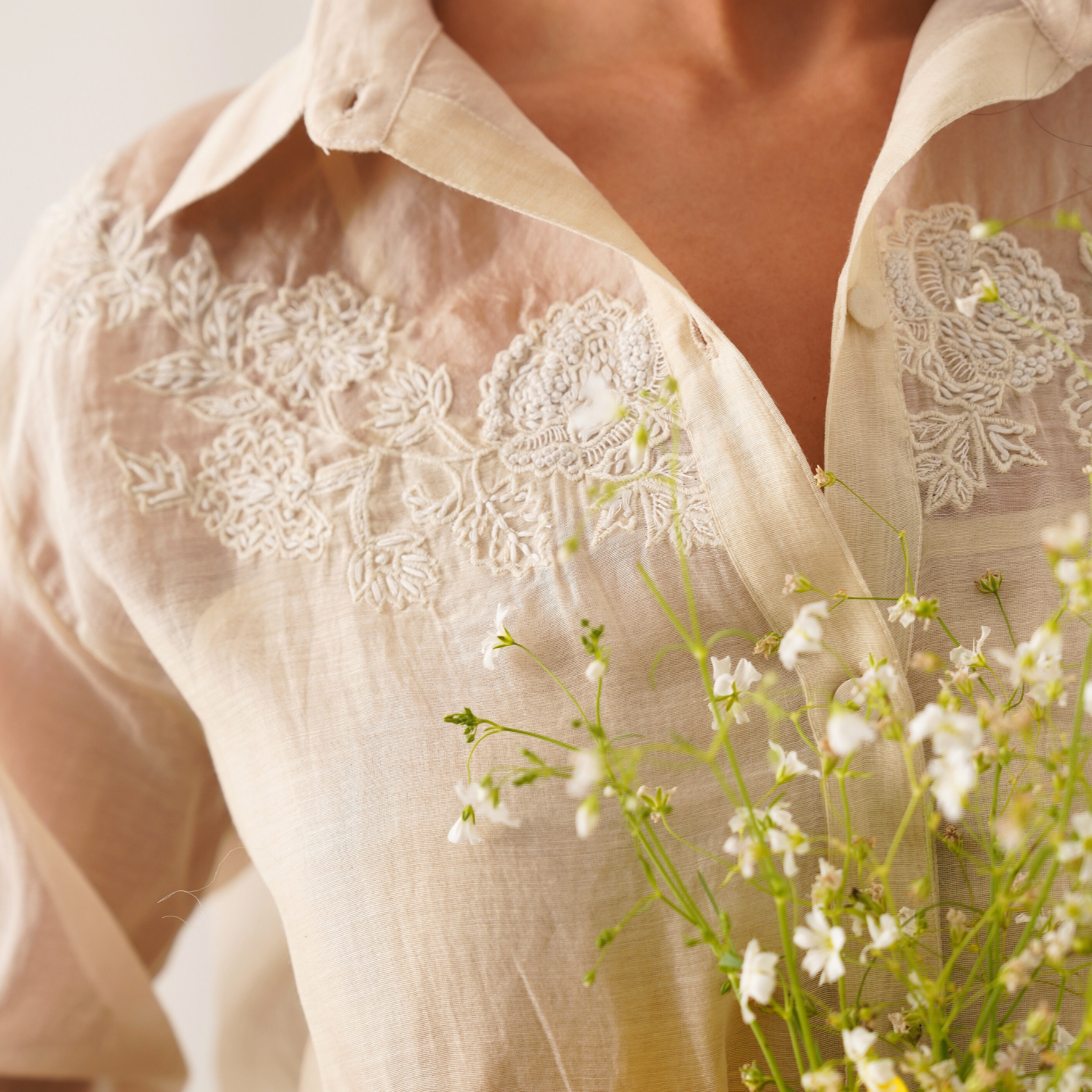 Charlotte ivory hand embroidered chanderi-organza shirt