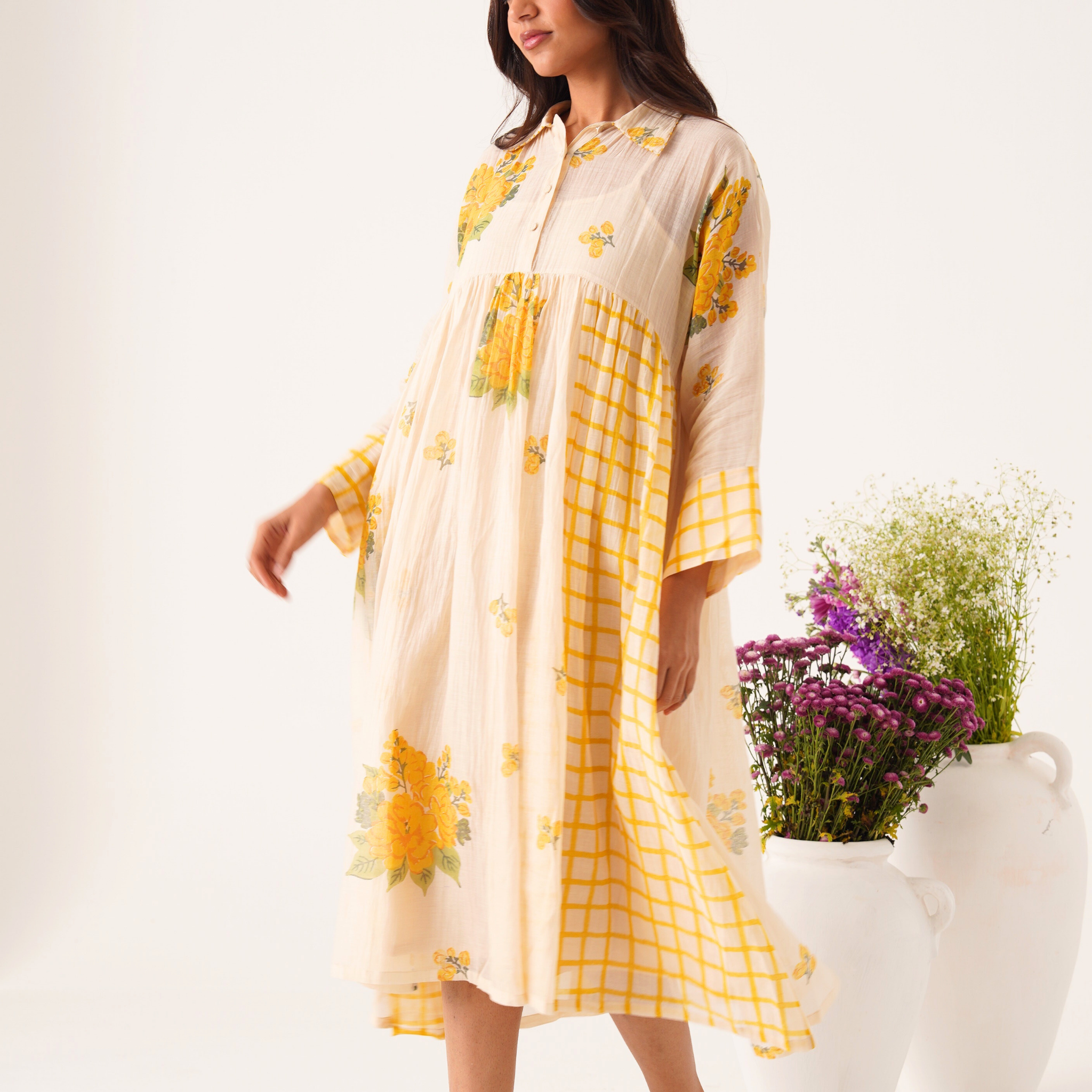 Scarlet ivory-yellow hand block printed chanderi collar dress