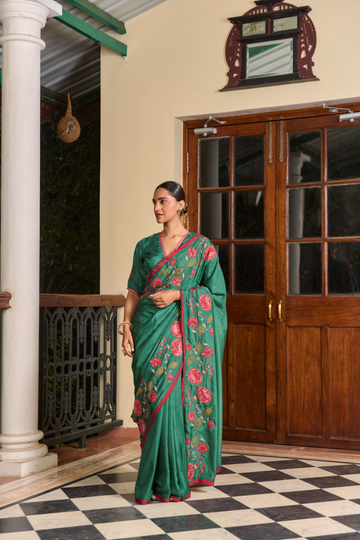 Coromandel royal green applique silk saree