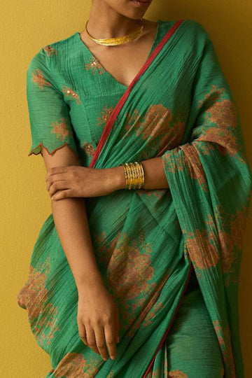 Tapsee emerald green hand block printed chanderi saree