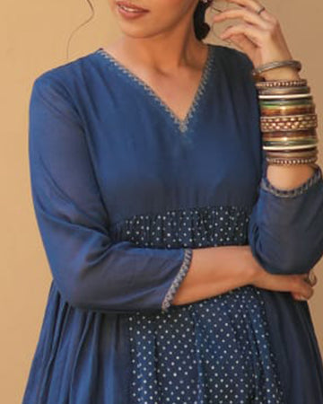 Indigo bagru block printed A-line kurta