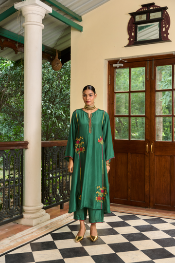 Sindu royal green silk choga set