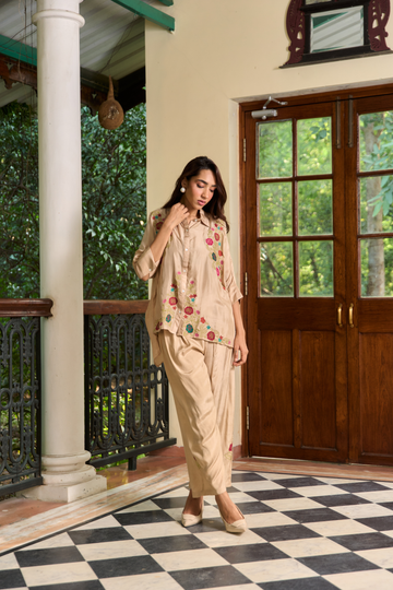 Zeenat beige silk co-ord set