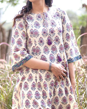 Grey cotton hand block printed cotton kurta