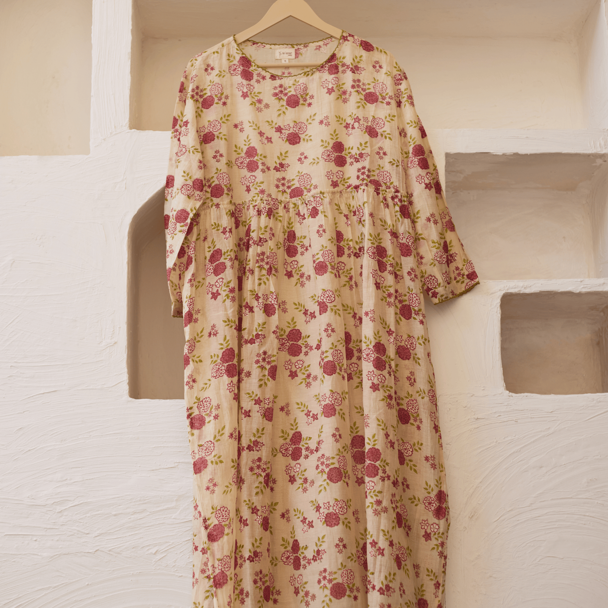 Gulaab beige pink hand block printed chanderi dress