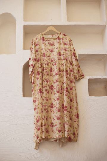 Gulaab beige pink hand block printed chanderi dress