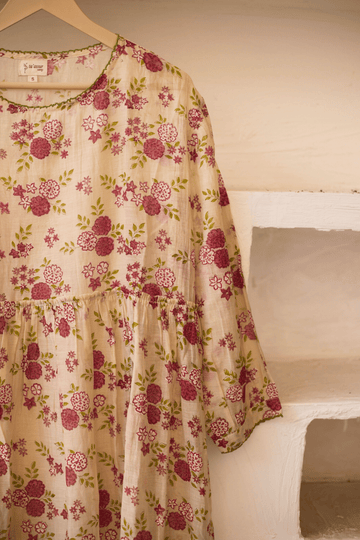 Gulaab beige pink hand block printed chanderi dress