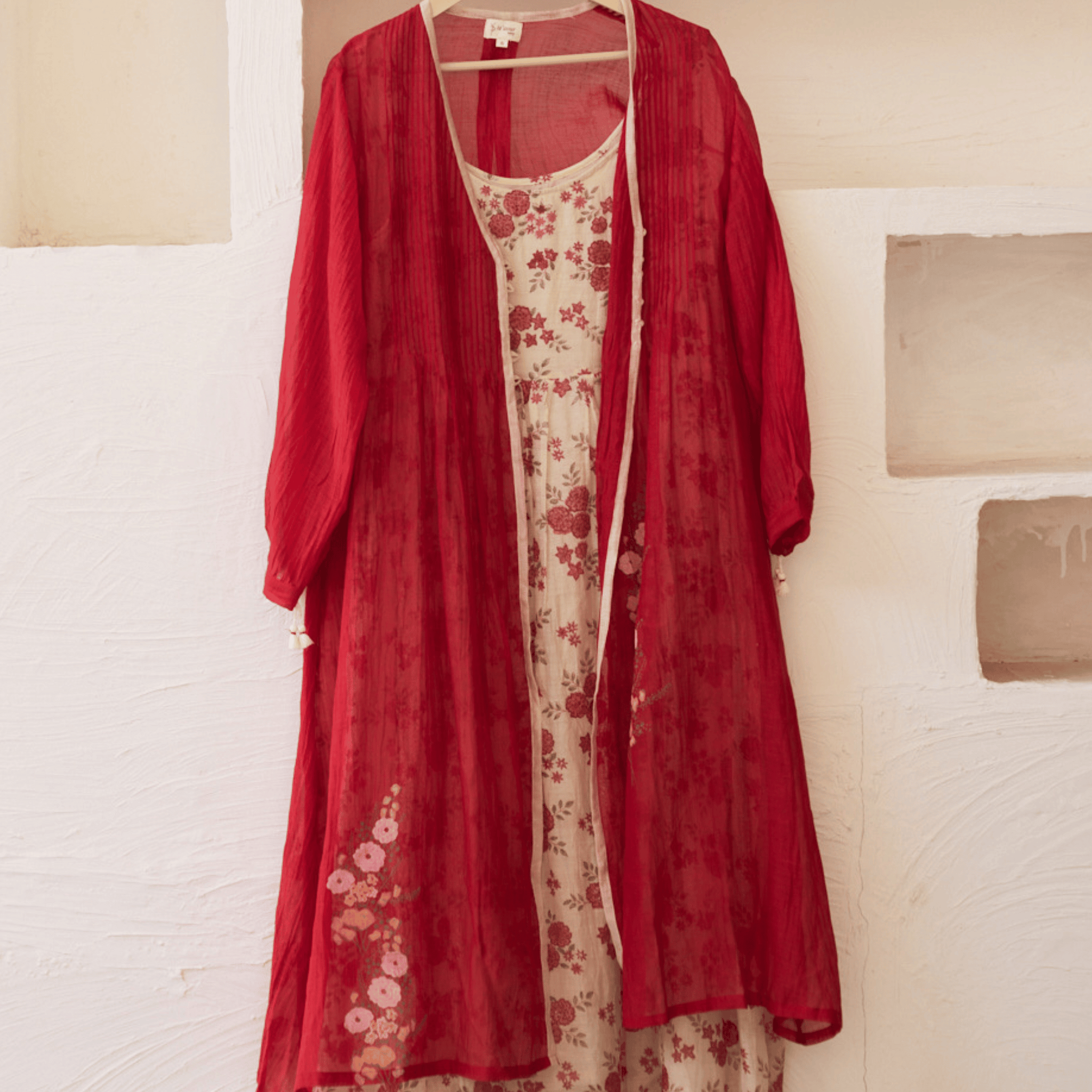 Gulaab red ivory hand block printed overlay chanderi dress