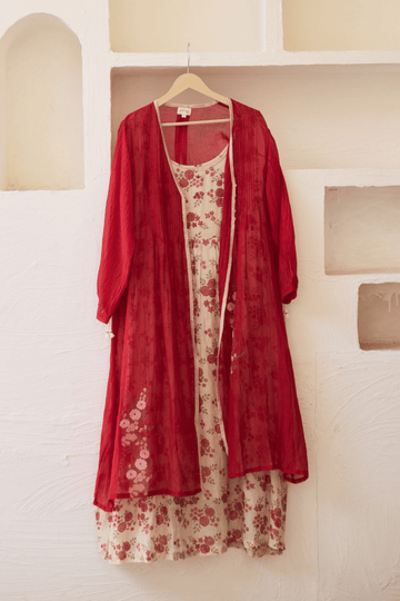 Gulaab red ivory hand block printed overlay chanderi dress