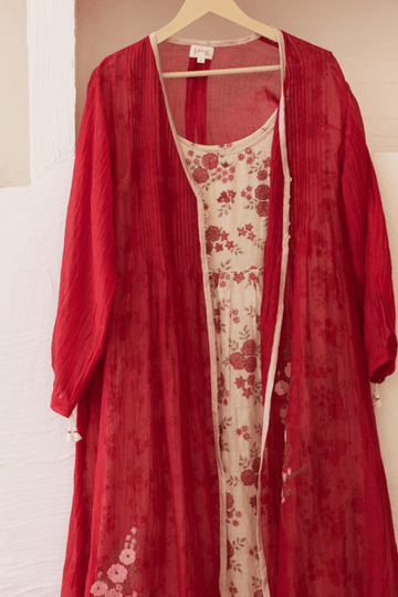 Gulaab red ivory hand block printed overlay chanderi dress