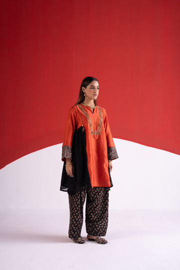 Rangrez rust orange kurta with Salwar and dabka embroidery
