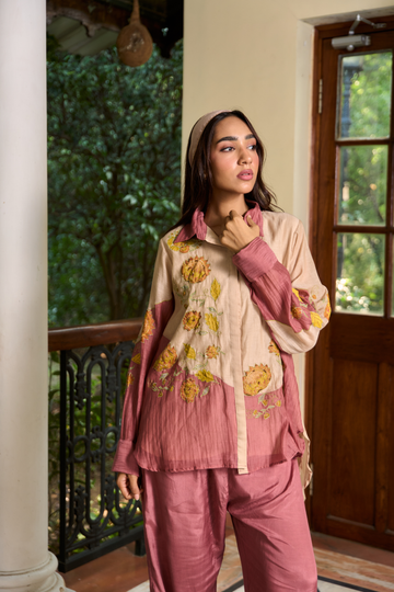 Coromandel beige and burnt rose  applique co-ord set