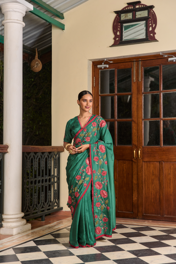 Coromandel royal green applique silk saree