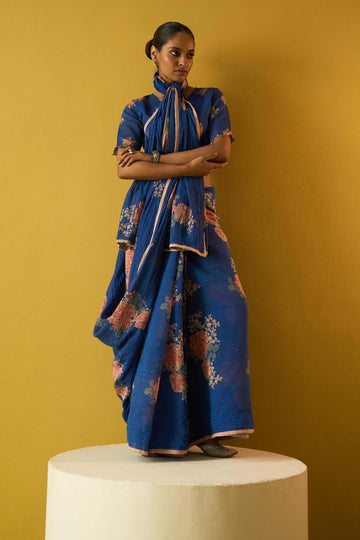 Tapsee royal blue hand block printed chanderi saree