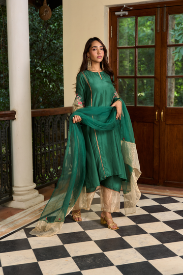 Panna royal green silk choga set