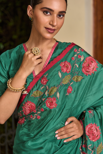 Coromandel royal green applique silk saree