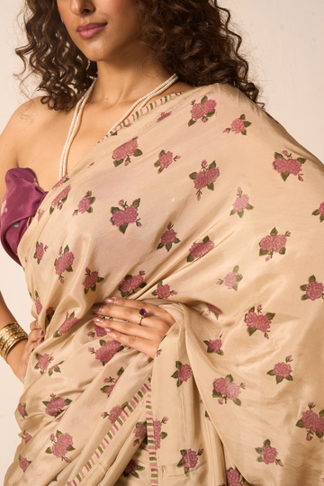 Juliee sand plum hand block printed silk saree