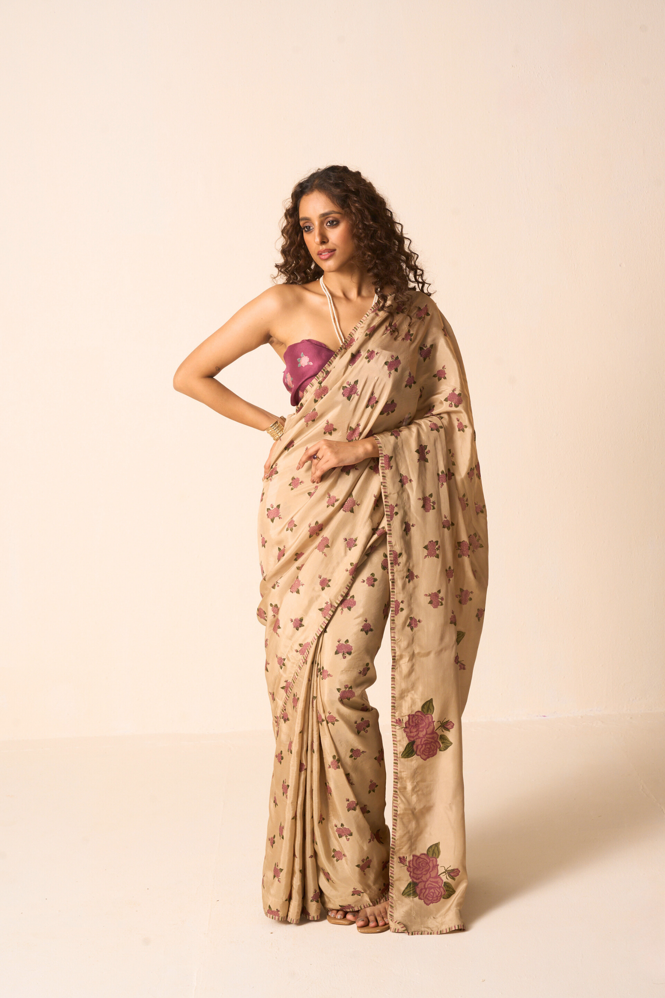 Juliee sand plum hand block printed silk saree