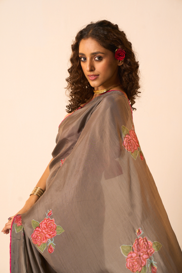 Juliee charcoal hand block printed silk saree