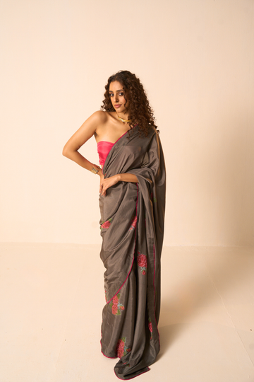 Juliee charcoal hand block printed silk saree