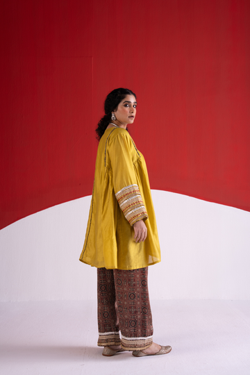 Rangrez mustard yellow Kurta with ajrakh print salwar