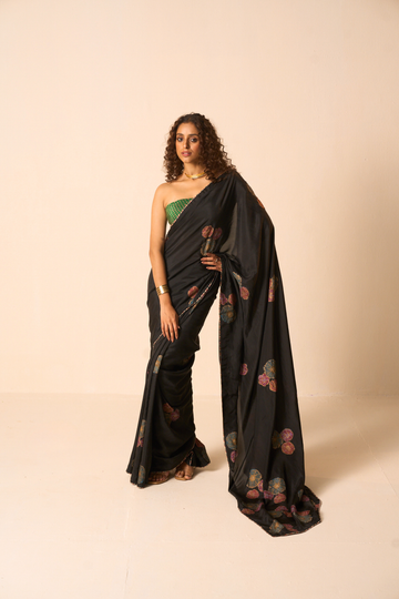 Juliee black hand block printed silk saree